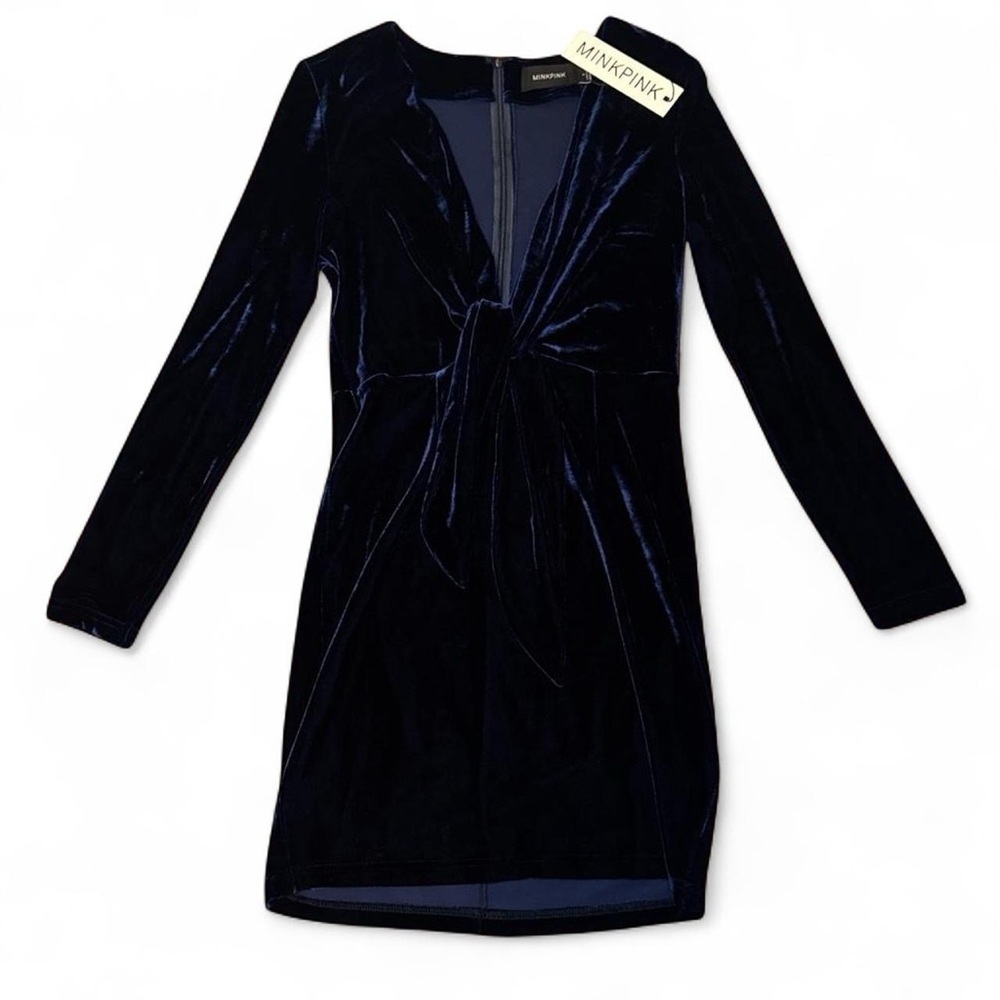 NWT MINKPINK Midnight Hour Blue Velvet Deep V Knotted Tie Bodycon Dress — SMALL - Picture 3 of 7